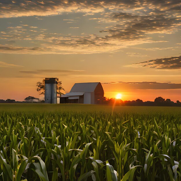 Photo un champ de maïs avec un coucher de soleil en arrière-plan