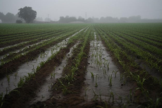 Un champ de maïs est recouvert d'eau et le ciel est en arrière-plan.