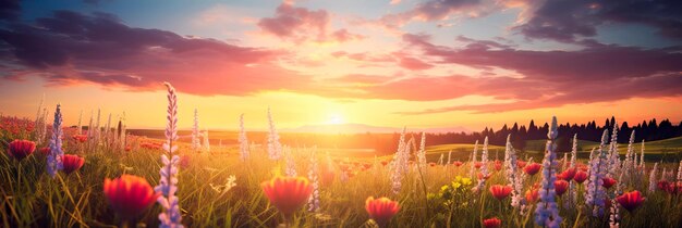 Un champ de maïs avec des fleurs colorées qui fleurissent au coucher du soleil