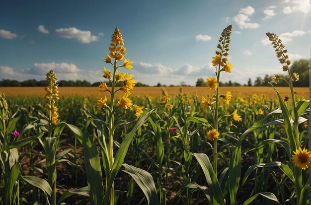 Un champ de maïs avec des fleurs sauvages qui poussent entre les rangées