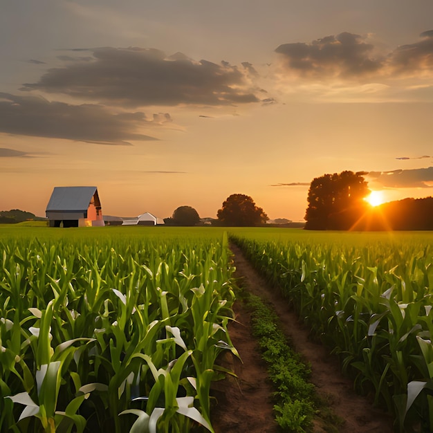 Photo un champ de maïs avec une grange à l'arrière-plan et un coucher de soleil en arrière-plan