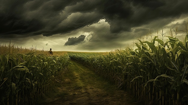 Champ de maïs hanté sous un ciel orageux