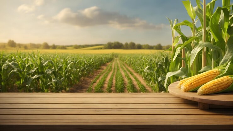 Photo champ de maïs sucré et table en bois au maïs agricole