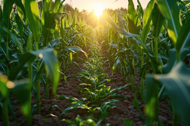 Un champ de maïs verdoyant où la lumière est visible à travers le feuillage