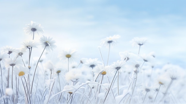 Le champ de marguerites baisé par la neige en hiver généré par l'IA