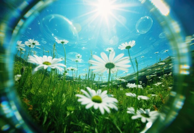 Un champ avec des marguerites et un beau ciel bleu