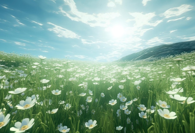 Un champ avec des marguerites et un beau ciel bleu