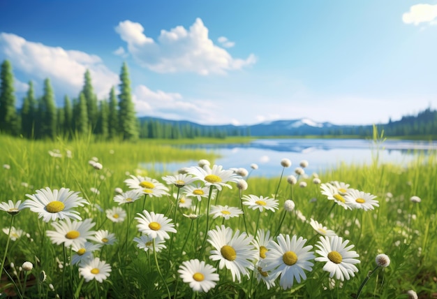 Un champ avec des marguerites et un beau ciel bleu