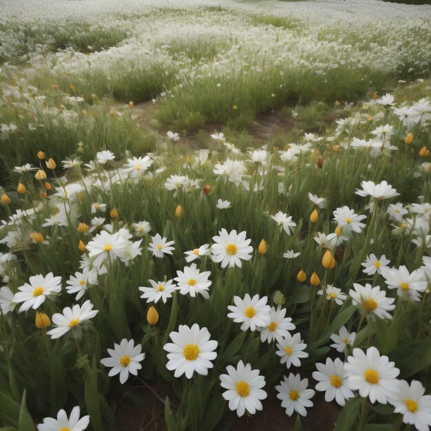 Un champ de marguerites avec un champ de margarites en arrière-plan.