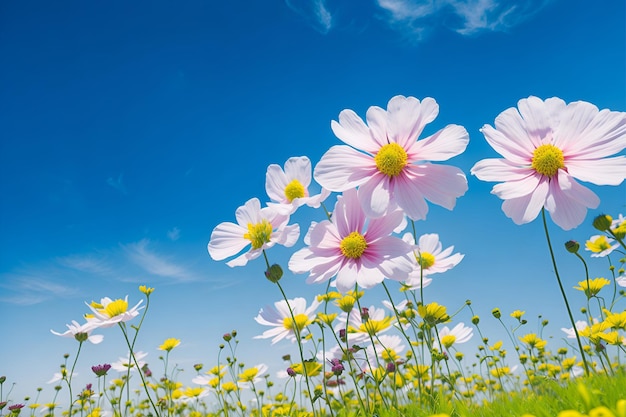 Un champ de marguerites avec un ciel bleu en arrière-plan