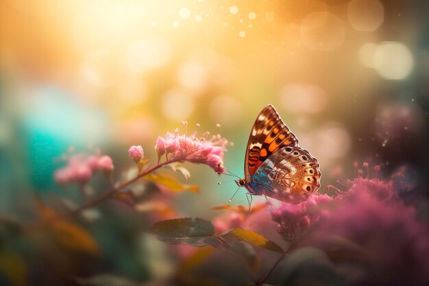 Champ de marguerites dans les rayons dorés du soleil couchant au printemps été nature avec un papillon orange à l'extérieur généré par l'IA