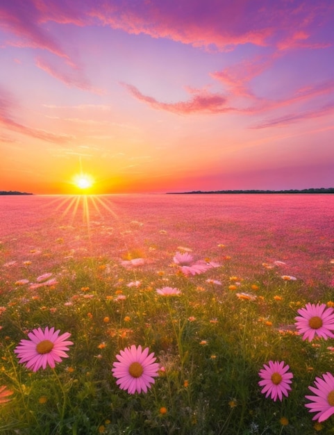 Un champ de marguerites ensoleillé s'étendant jusqu'à l'horizon avec un ciel vibrant de teintes roses et orange