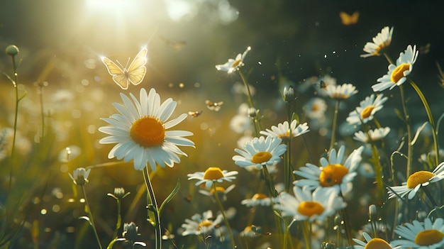 Photo un champ de marguerites avec un papillon au sommet de petites fleurs de camomille en plein soleil