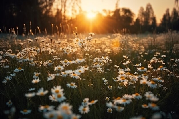 Un champ de marguerites avec le soleil couchant derrière lui.