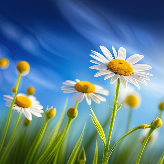 Un champ de marguerites avec le soleil couchant derrière lui.