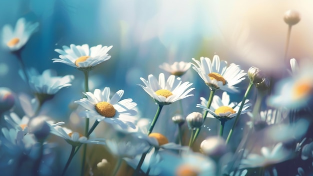 Un champ de marguerites avec le soleil qui brille en arrière-plan.