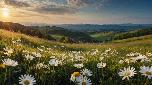 un champ de marguerites avec le soleil qui se couche derrière elles