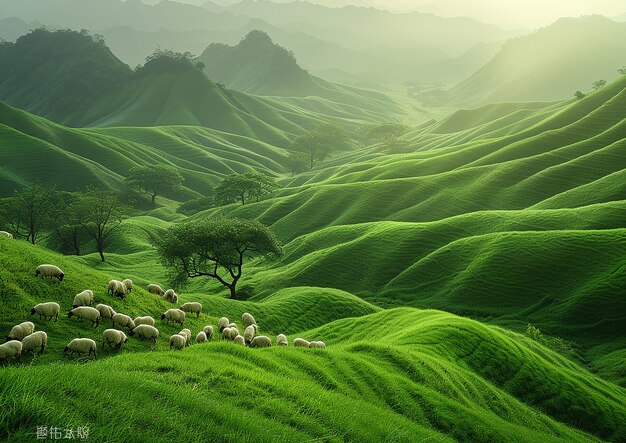 un champ de moutons et d'arbres avec un coucher de soleil en arrière-plan