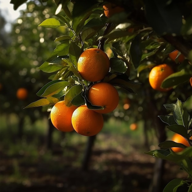 Un champ avec des oranges et des arbres et le soleil qui brille à travers les arbres