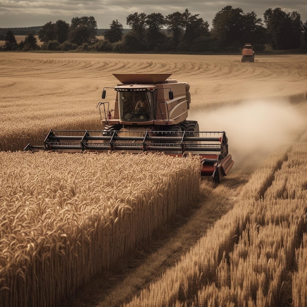 Champ d'orge avec matériel agricole AI générative