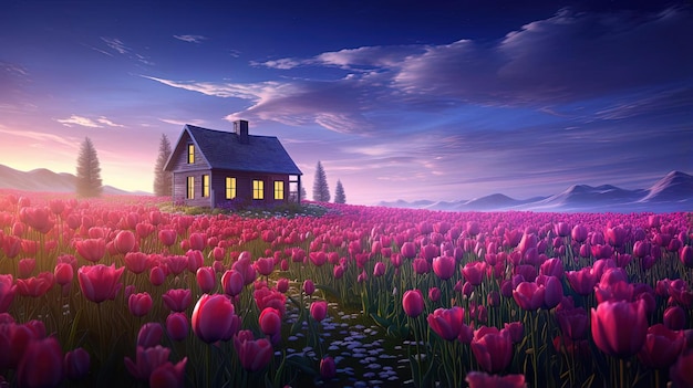 le champ où beaucoup de tulipes poussent avec une maison à proximité dans le style de Bess Hamiti