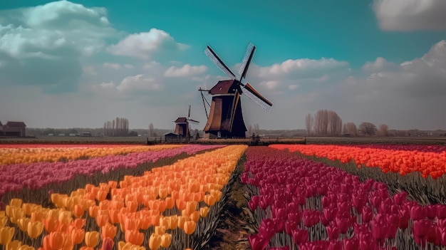 Champ ouvert coloré avec de belles tulipes Generative AI