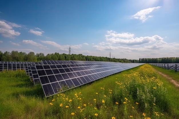 Champ de panneaux solaires géants fournissant de l'énergie pour la ville verte du futur