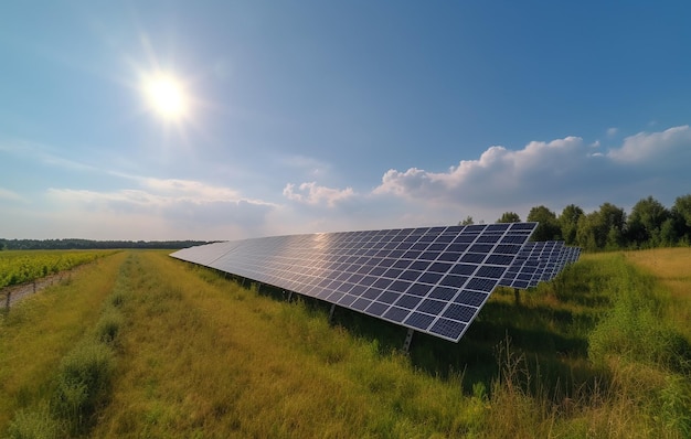 Un champ de panneaux solaires avec le soleil qui brille en arrière-plan