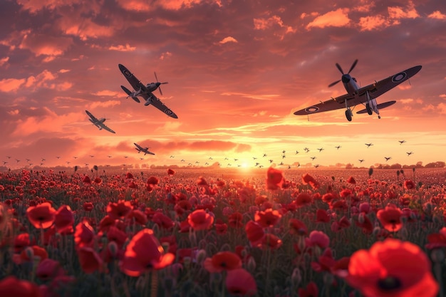 Photo champ de pavot avec des avions de la 11e guerre mondiale au coucher du soleil hommage au jour du souvenir