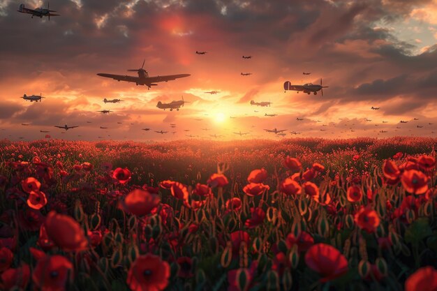 Champ de pavot avec des avions de la 11e Guerre mondiale au coucher du soleil hommage au jour du Souvenir