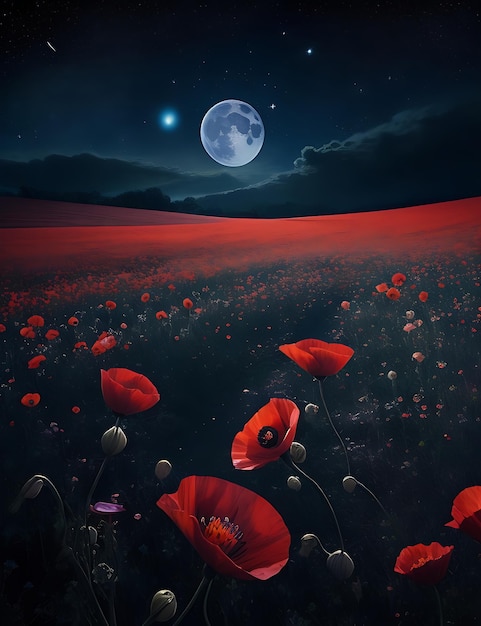 Champ de pavot d'opium sous le ciel étoilé de la nuit la lune proche