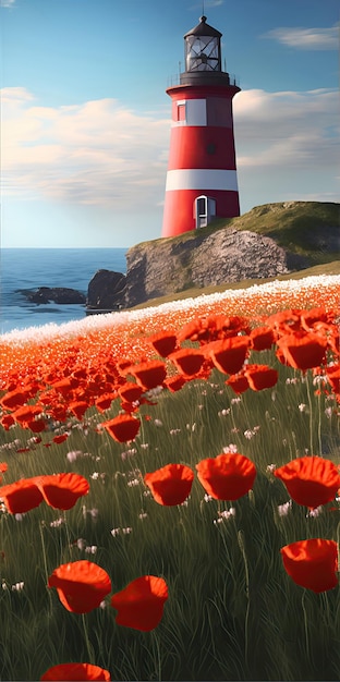 Photo un champ de pavots rouges en fleurs sur le fond d'un phare