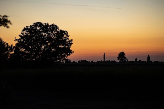 Champ de pays paysage coucher de soleil orange