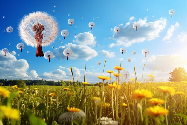 Champ de pissenlit avec un ballon à air chaud ou un cerf-volant volant au-dessus pour une scène capricieuse