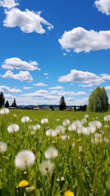 Un champ de pissenlits avec des arbres et des montagnes au loin.