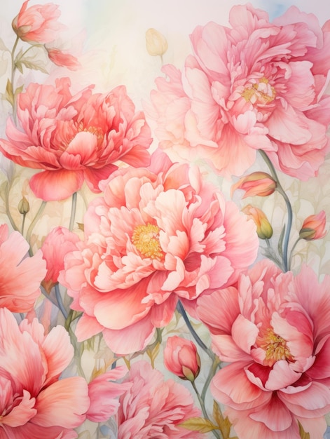 Champ de pivoine aquarelle doux et complet généré par l'IA