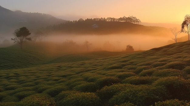 Un champ de plantation de thé sous les rayons du soleil du soir cultivant des produits naturels