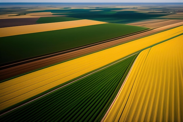 Un champ de plantes jaunes et vertes avec un champ vert en arrière-plan.