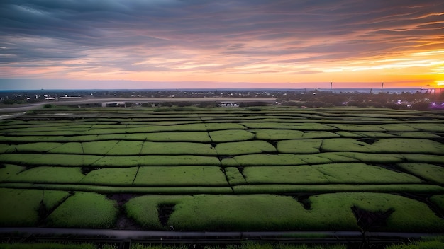 Un champ de plants de riz avec un coucher de soleil en arrière-plan