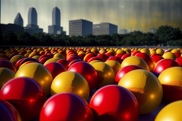 Un champ plein de balles rouges et jaunes