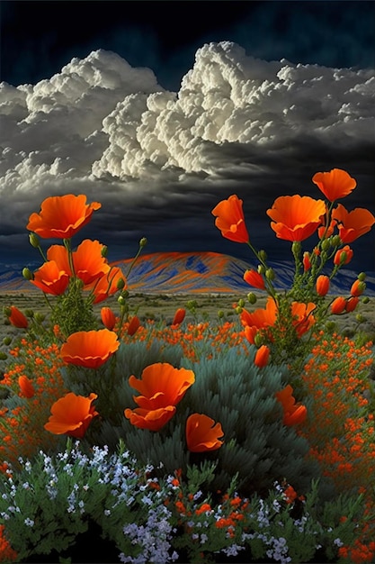 Champ plein de fleurs orange sous un ciel nuageux ai génératif