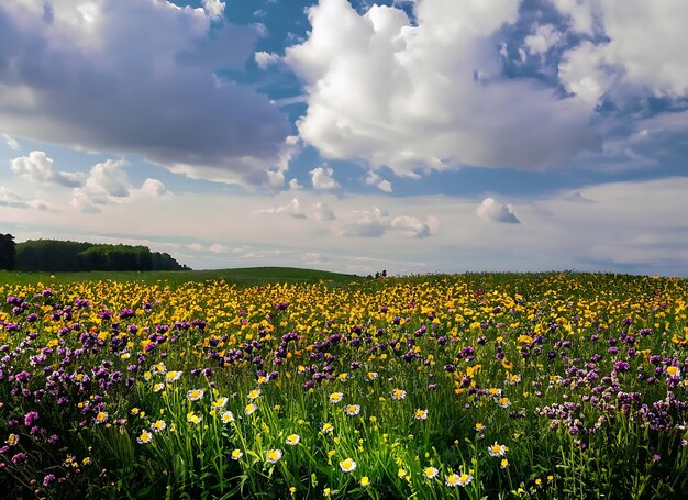 Photo champ plein de fleurs sous un ciel nuageux