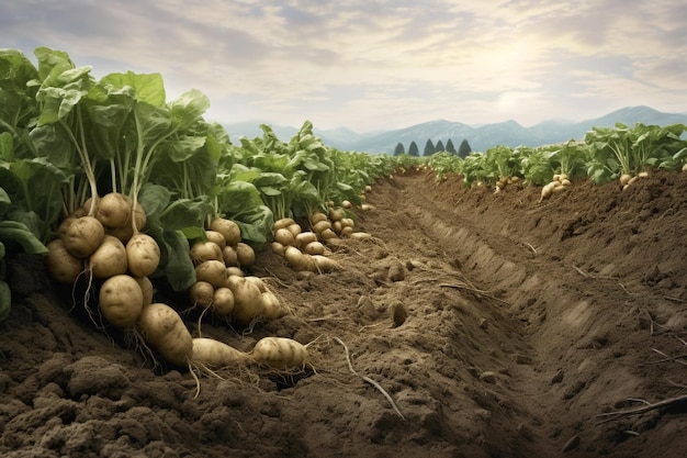 Photo champ de pommes de terre à la lumière du soir