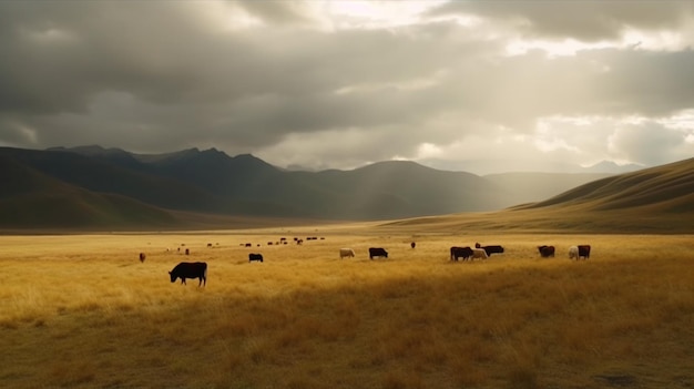 Un champ avec quelques vaches et le soleil qui brille à travers les nuages