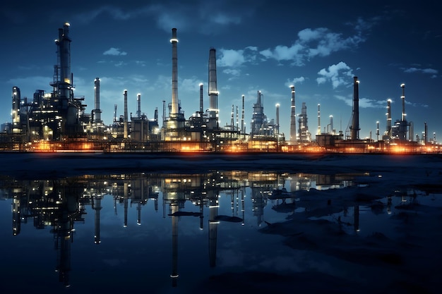 Photo champ de raffinerie de pétrole la nuit avec ciel bleu et nuages blancs