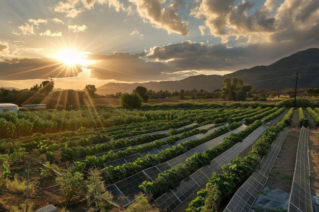 Un champ de récoltes est montré avec le soleil qui brille dessus