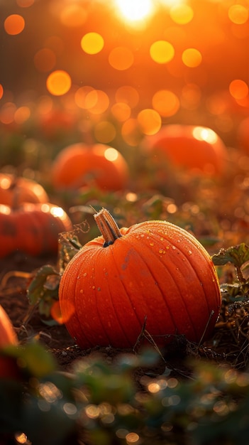 Un champ rempli de citrouilles alors que le soleil se couche en arrière-plan créant une atmosphère chaude et vibrante