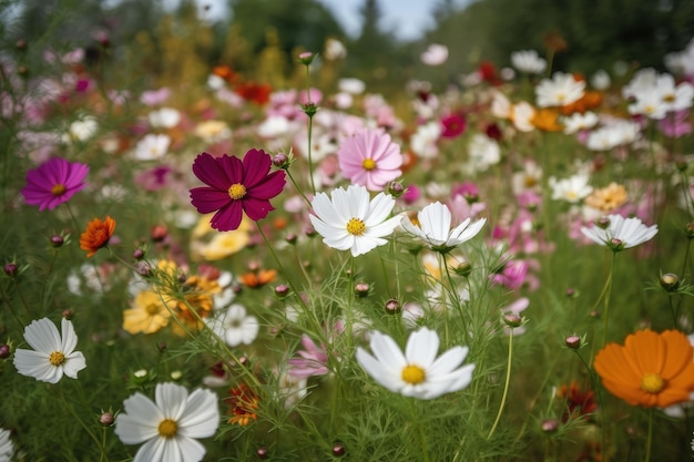 Un champ rempli de fleurs de différentes couleurs AI générative