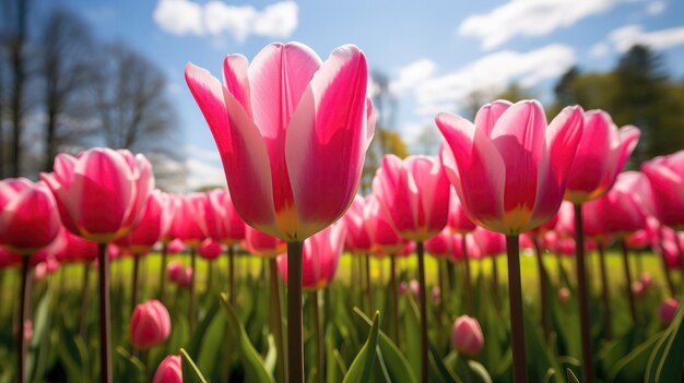 Un champ rempli de tulipes colorées sous un ciel nuageux