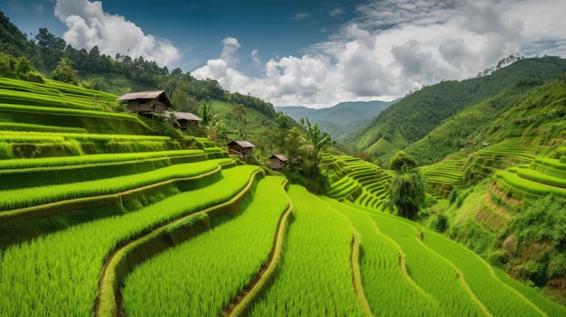 Un champ de riz dans les montagnes avec un ciel nuageux